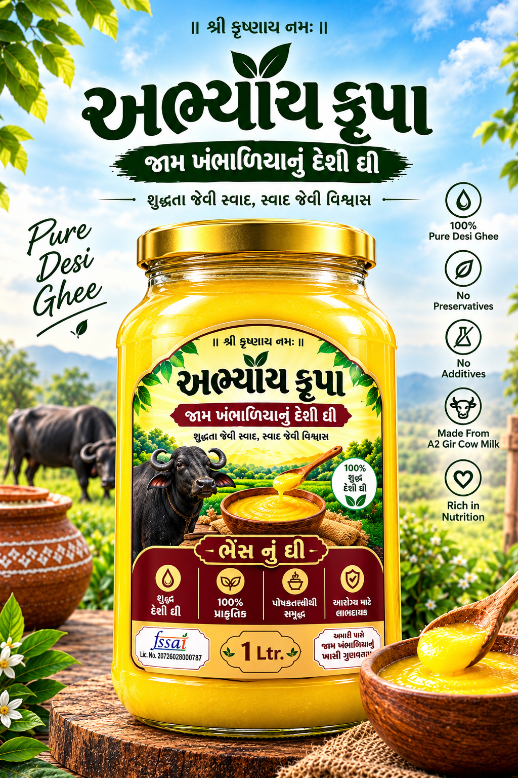 અભ્યાય ઘી – 1 Litre શુદ્ધ જામખંભાળીયા ભેંસનું દેશી ઘી (Pure Buffalo Desi Ghee 1L Jar)